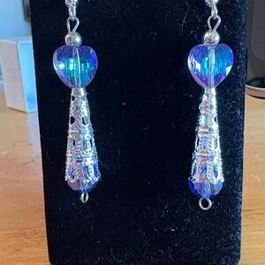 Hand Crafted Silver and AB Crystal Blue Heart Earrings